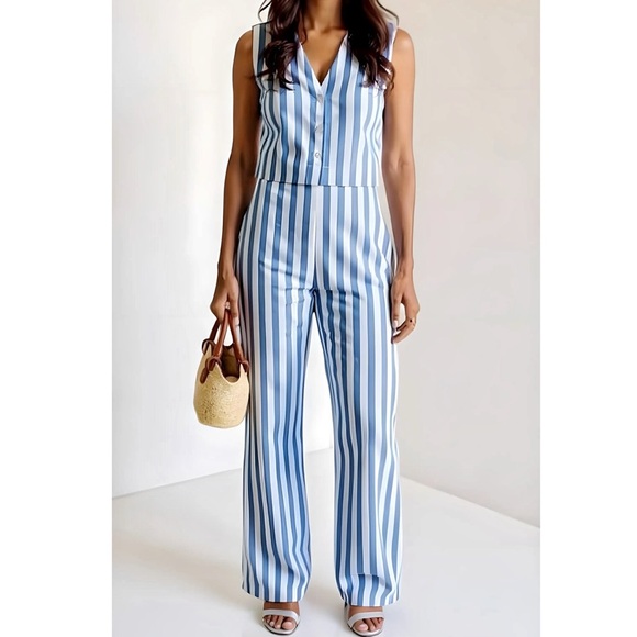 SÉZANE Fausto Wide Leg Pants, Bright Blue & Ecru Stripes, FR40/US8 - Picture 1 of 10